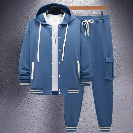 New autumn and winter men's large twill hooded baseball jacket and hoodie open cardigan long-sleeved work pants set.