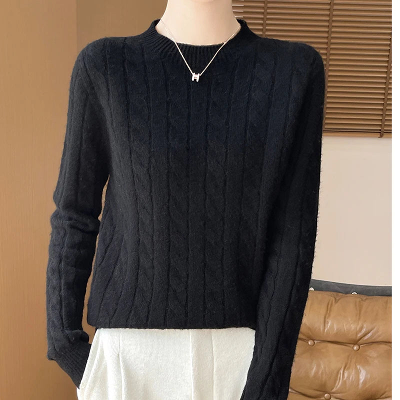 Frauen 100% Merino Wolle Verdickung Pullover Oansatz Gestrickte Twisted Pullover Herbst Winter Kaschmir Langarm Kleidung Basis Tops