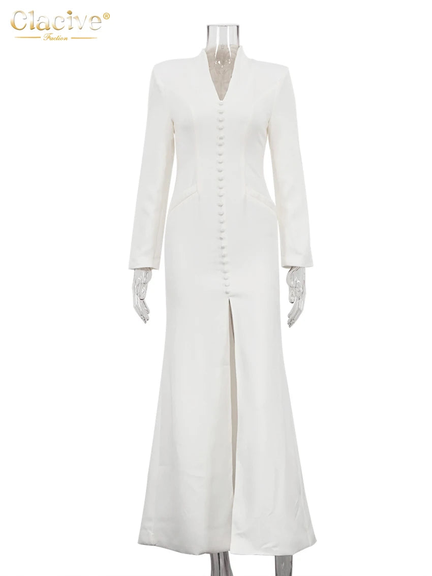 Clacive Sexy schlankes weißes Damenkleid 2025, modisches V-Ausschnitt, lange Ärmel, knöchellanges Kleid, elegantes, klassisches, geschlitztes Damenkleid