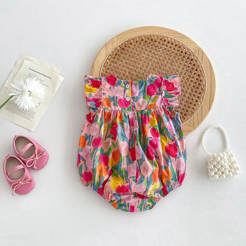 MILANCEL 2025, Sommerkleidung für Babys, Mädchen, Rüschenärmel, Kleinkind-Mädchen-Bodys, Tulpenmuster, Einteiler für Kleinkinder