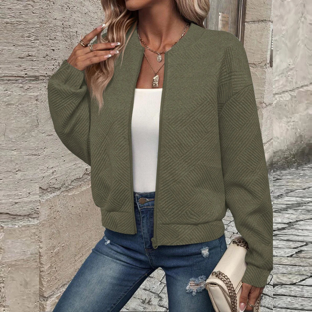 Damen Herbst und Winter neue einfarbige einfache und exquisite Reißverschlussjacke Baseballkragen Freizeitjacke