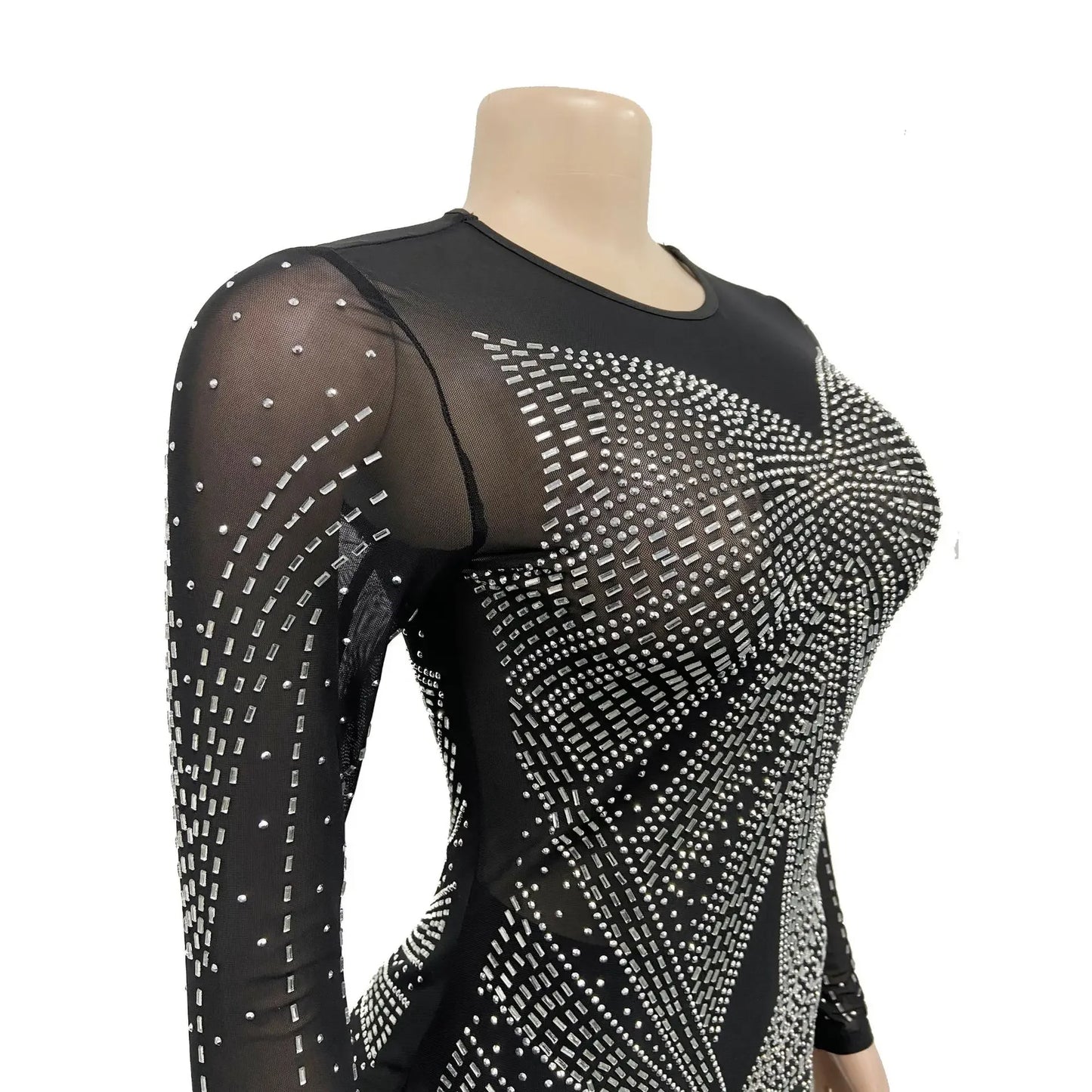 XIZOU Frauen Mesh Patchwork Diamanten Heißer Strass Bodenlangen Bodycon Meerjungfrau Maxi Kleid Sexy Party Abend Vestidos 2024