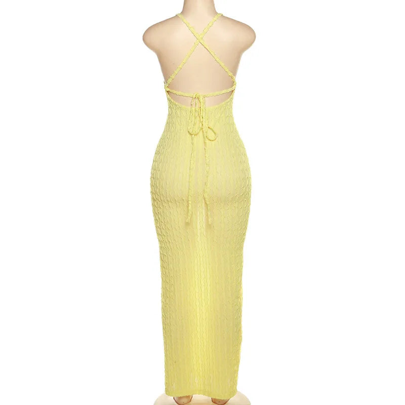 Sexy Streifen Rippen Stricken Schlank Bodycon Maxi Kleid Frauen Ärmellose Backless Lange Popcorn NDress Elegante Club Party Vestidos