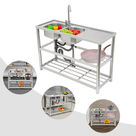 Dual Sink Stainless Steel Sink, Large Capacity, 360° Rotating Faucet, Raised Edges, Layered Filtration for Kitchens