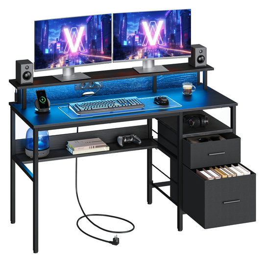 VASAGLE Schreibtisch mit Schubladen, Computertisch mit Monitorständer, LED-Beleuchtung, 55 x 135 x 90 cm, eingebaute Steckdosen