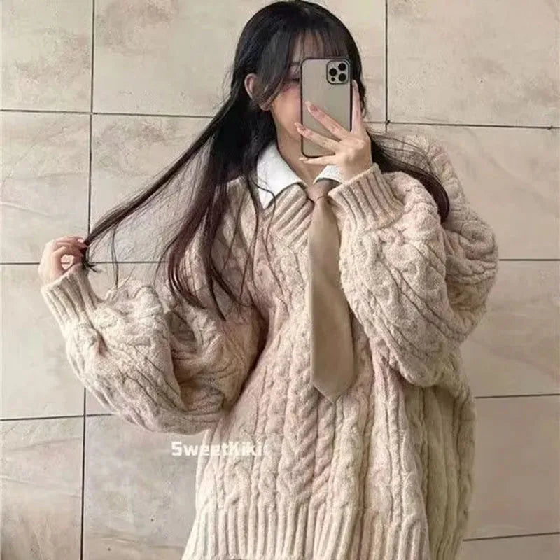 Herbst Winter Frauen Pullover Harajuku Übergroßen Gestrickte Pullover Koreanische Langarm V-ausschnitt Strickwaren Preppy Solide Lose Jumper
