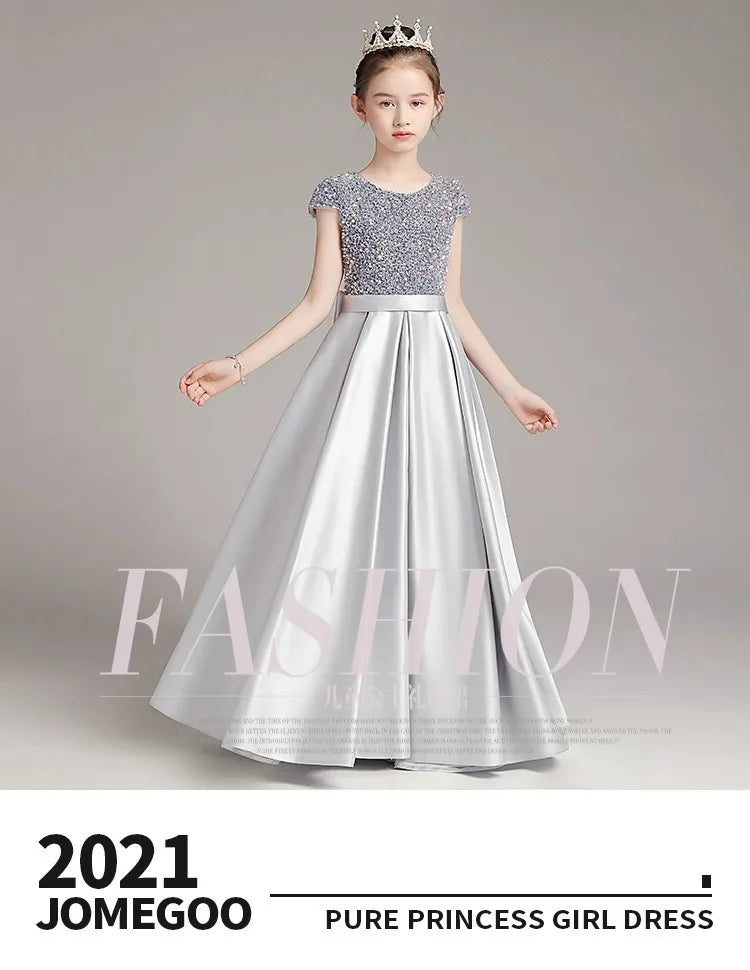 Mädchen-Klavierkleid, graues Pailletten-langes Performance-Kleid, Prinzessinnenkleid, Kinder-Host-Show-Performance-Kleid, Sommer
