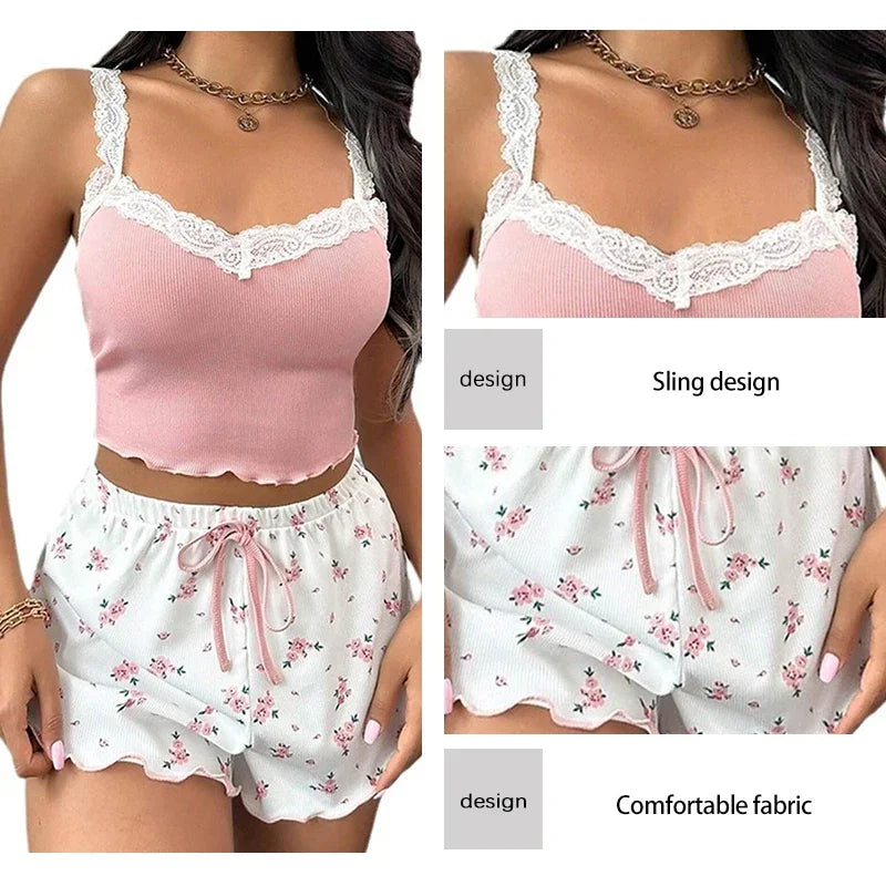 Zweiteiliges Sommer-Pyjama-Set für Damen, gerippt, gestrickt, Blumendruck, Spitzenbesatz, Leibchen, Weste und Schleifen-Shorts, sexy Pyjama-Set