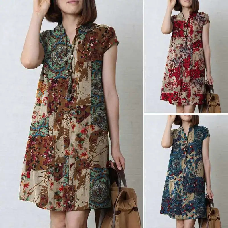 Zanzea Vintage Sommerkleid Sommer knielanges Kleid Frauen Kurzarm lässig Urlaub Kleider Bohemian Blumen gedruckt Vestidos Robe