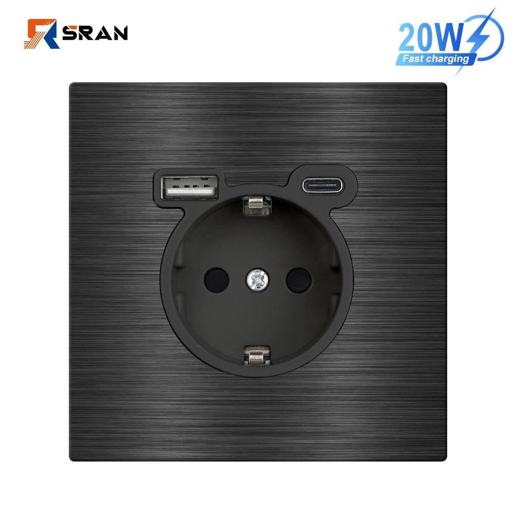 SRAN Eu-Steckdosen, 82/153/224 x 82 mm, schwarzes Panel aus Aluminiumlegierung, 16 A USB-Wandsteckdose Typ C, Heimbüro.