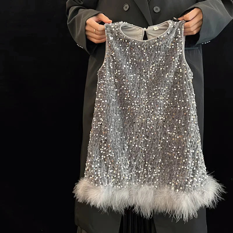 Pailletten Mädchen Prinzessin Kleid Grau Rundhals Ärmellose Feder Weste Kleid Kinder Geburtstag Party Kleid Performance Kleid