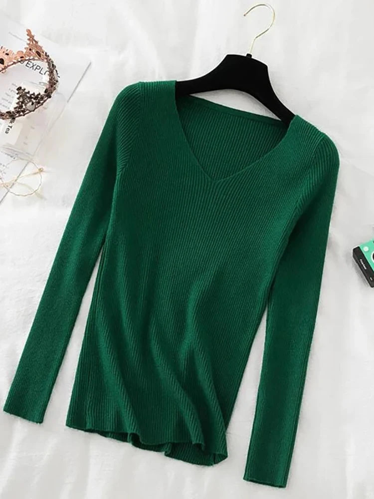2025 mode V-ausschnitt Elastische Grundlegende Top Neue Frauen Pullover Herbst Winter Langarm Pullover Weibliche Winter Solide Strick Jumper