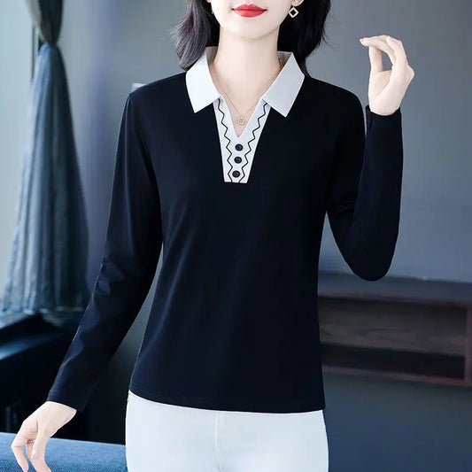 2025 Autumn New Women Clothes Office Lady Simplicity Patchwork Polo-Neck Top Tee Ladies Fashion Loose Buttons Long Sleeve Shirts.