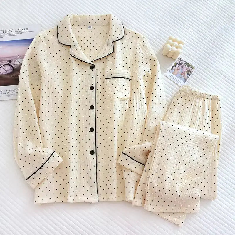 2025 Spring and Autumn New Women's Pajama Set 100%cotton crepe long-sleeved trousers two-piece polka dot cute home wear thin set