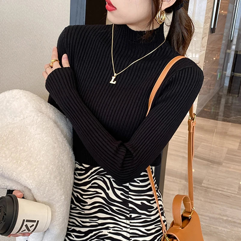 Winter Langarm Mock Neck Gestrickte Frauen Pullover Pullover Schlank Stricken Pullover Frauen Tops Blusas Mujer De Moda 2024 Blusa J995