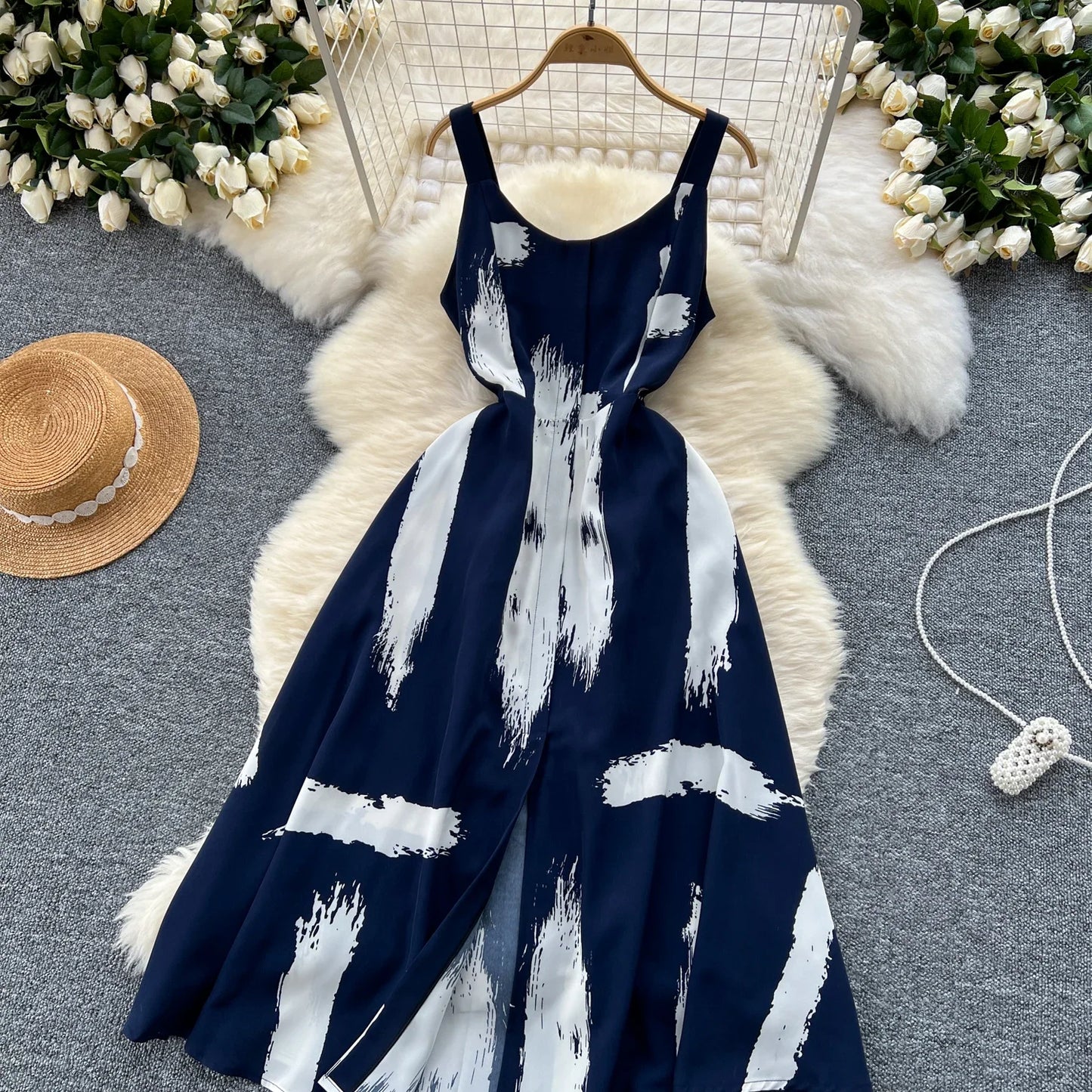 Neue Sommer Druck Süße Kleid Träger O Neck Backless Split Elegante Damen Urlaub Strand Party Midi Sommerkleid