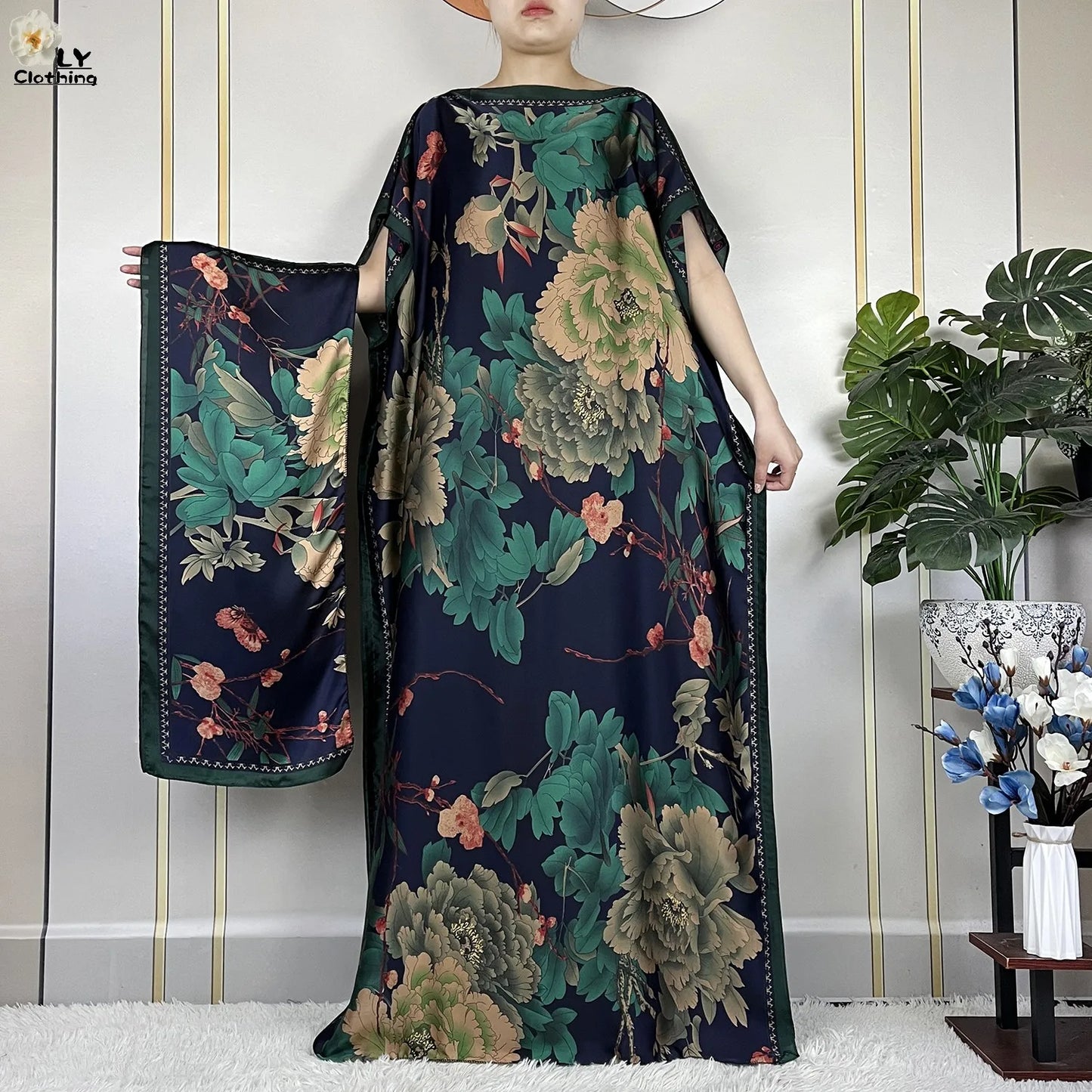 2024 New Dubai Summer Fashion For Women Printed Silk Soft Loose Femme Robe African Islam Maxi Woman Casual Dresses With Turban