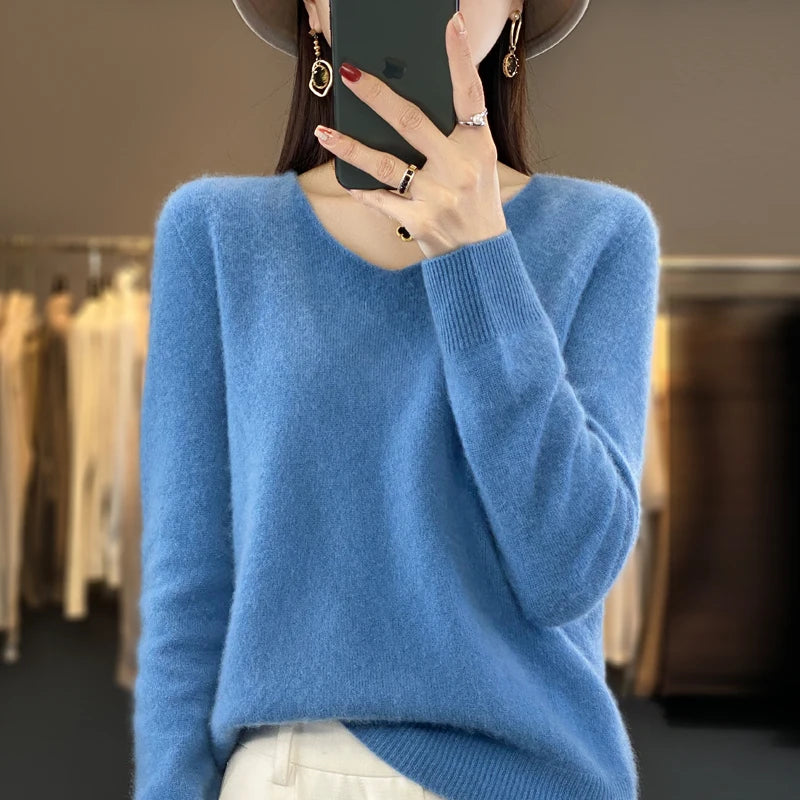 2024 100% Merino Reine Wolle V-ausschnitt Herbst Und Winter Pullover Pullover Neue Kaschmir Pullover frauen Beiläufige Gestrickte Top DMR201