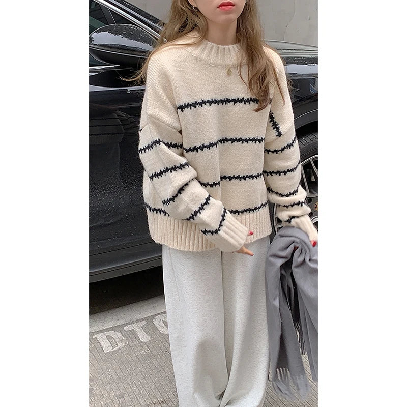 Herbst Winter Gestreiften Pullover Pullover Frauen Gestrickte Shirts Lange Hülse Lose Mock Neck Outwear Casual Pullover Tops Strickwaren