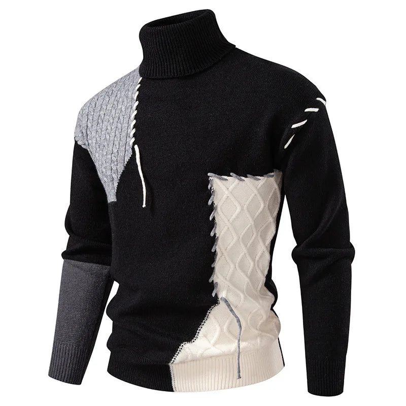 #8624 Autumn Winter Sweater Men Spliced Color Turtleneck Sweater Male Bandage Streetwear Pullover Sweater Man Teenager.