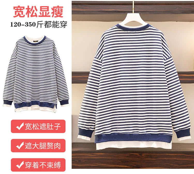 150Kg Plus Größe frauen Fehlschlag 157 Frühling Herbst Neue Lose Gefälschte Zwei-Stück Lange Ärmeln Gestreiften sweatshirt 5XL 6XL 7XL 8XL 9XL