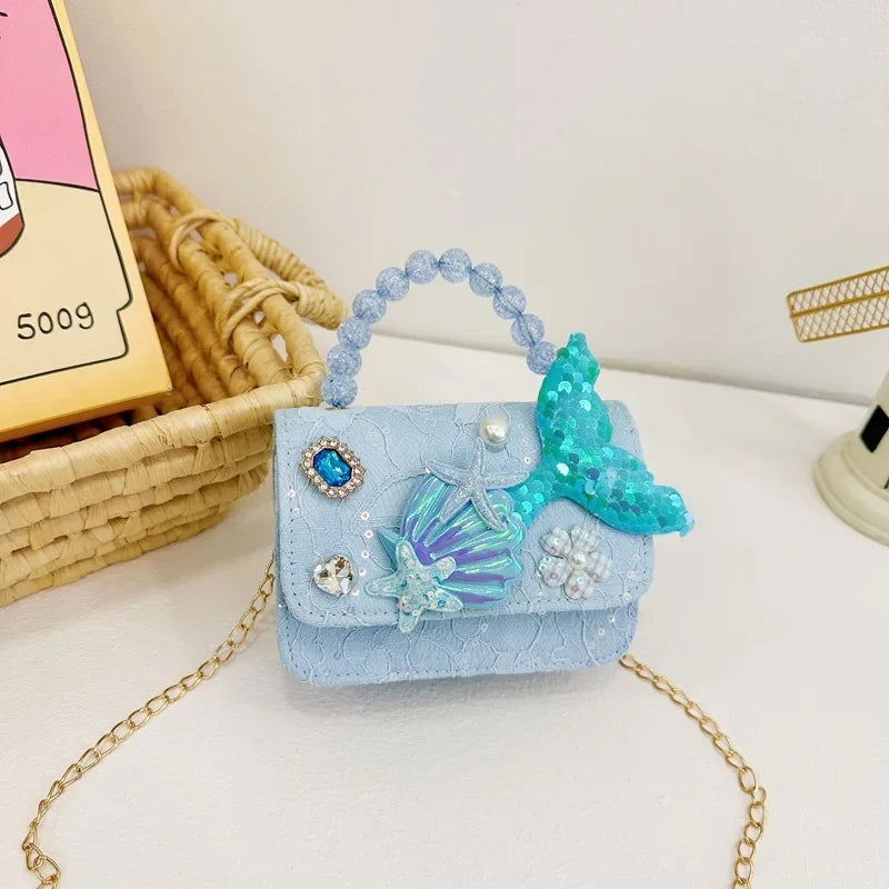 Lovely Sequin Girls Square Shoulder Bag Fish Tail Starfish Princess Crossbody Bags Bead Handle Children's Small Handbags Purse