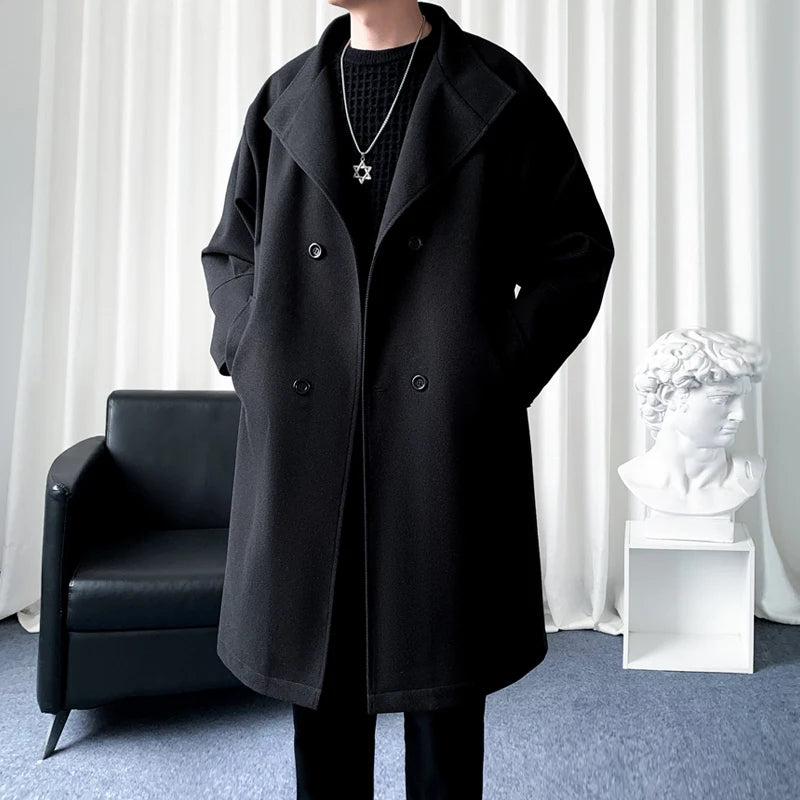 Korean Trend Men's Lapel coat Loose Casual Double-breasted Overcoat Autumn Winter Fashion New Long Sleeve Woolen Coat.