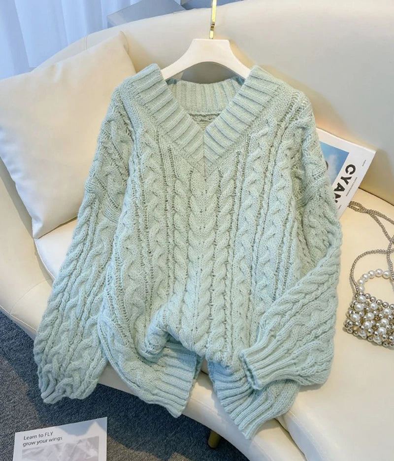 MEXZT Harajuku Pullover Frauen Mode Übergroßen Rosa V-ausschnitt Gestrickte Pullover Koreanische Langarm Strickwaren Winter Casual Jumper