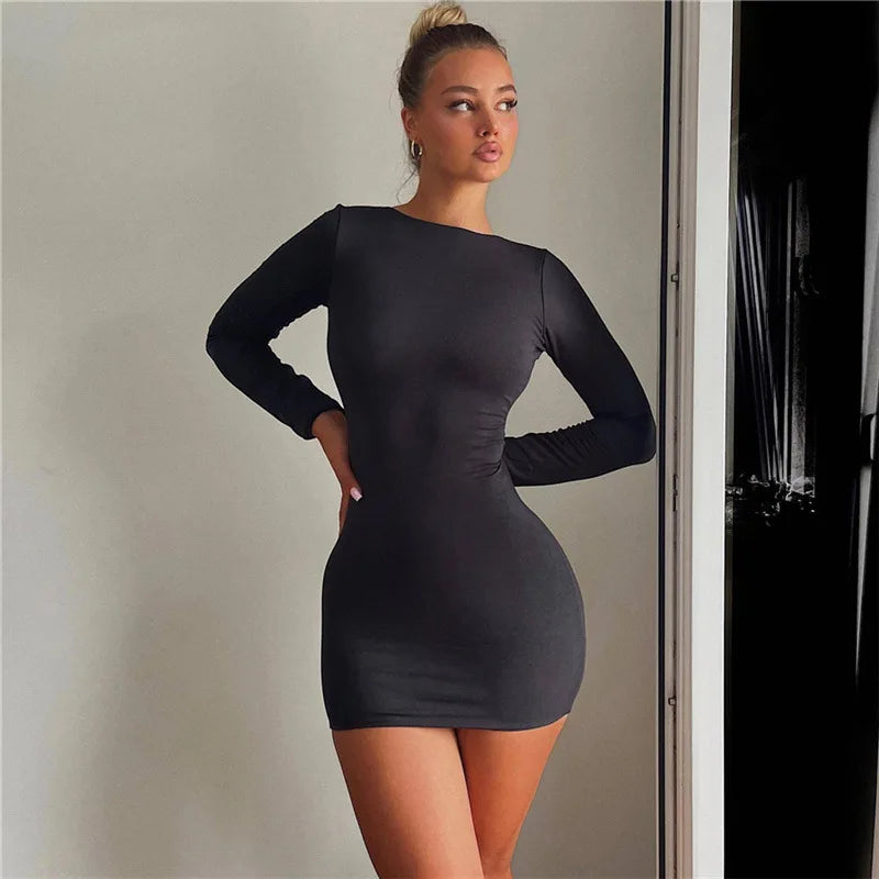 Zahlung Casual Mini Kleid Frauen Prägnante Klassische Backless Volle Hülse O-ansatz Grundlegende Weibliche Bodycon Straße Kleidung