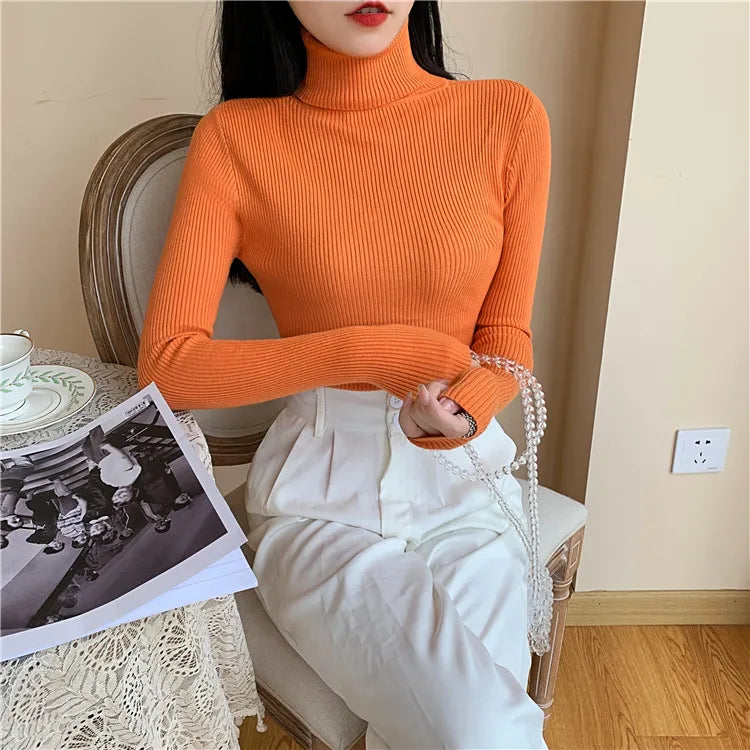 2023 herbst Winter Frauen Langarm Gestrickte Foldover Rollkragen Rippen Pull Pullover Weiche Warme Femme Jumper Pullover Kleidung