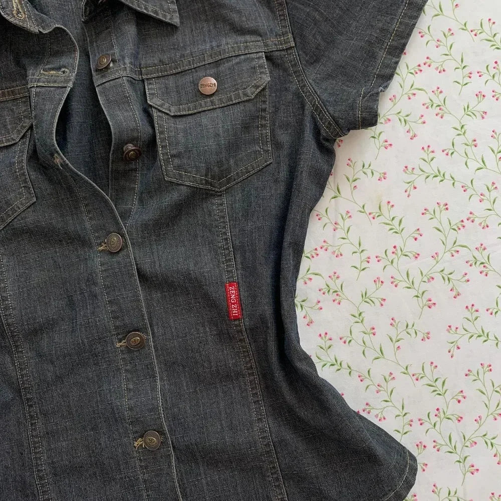 2025 Street European and American Sexy Oversized Denim Shirt Casual High Street Striped Button Top Y2k New Punk Clothing Women.