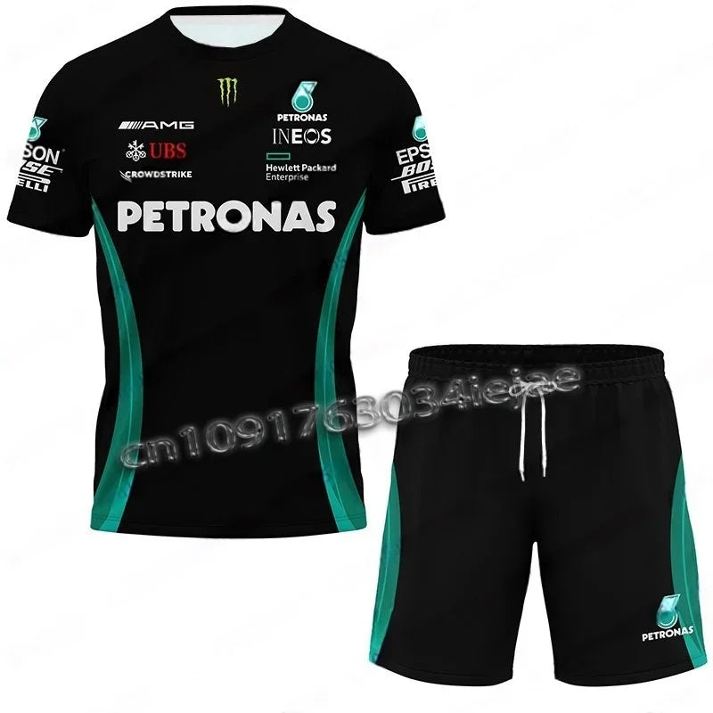 2025 New Fashion Mercedes F1 Mens Black Fan Jersey and Shorts Racing Tracksuit Breathable Loose Casual Men Clothing 2 Piece Set.
