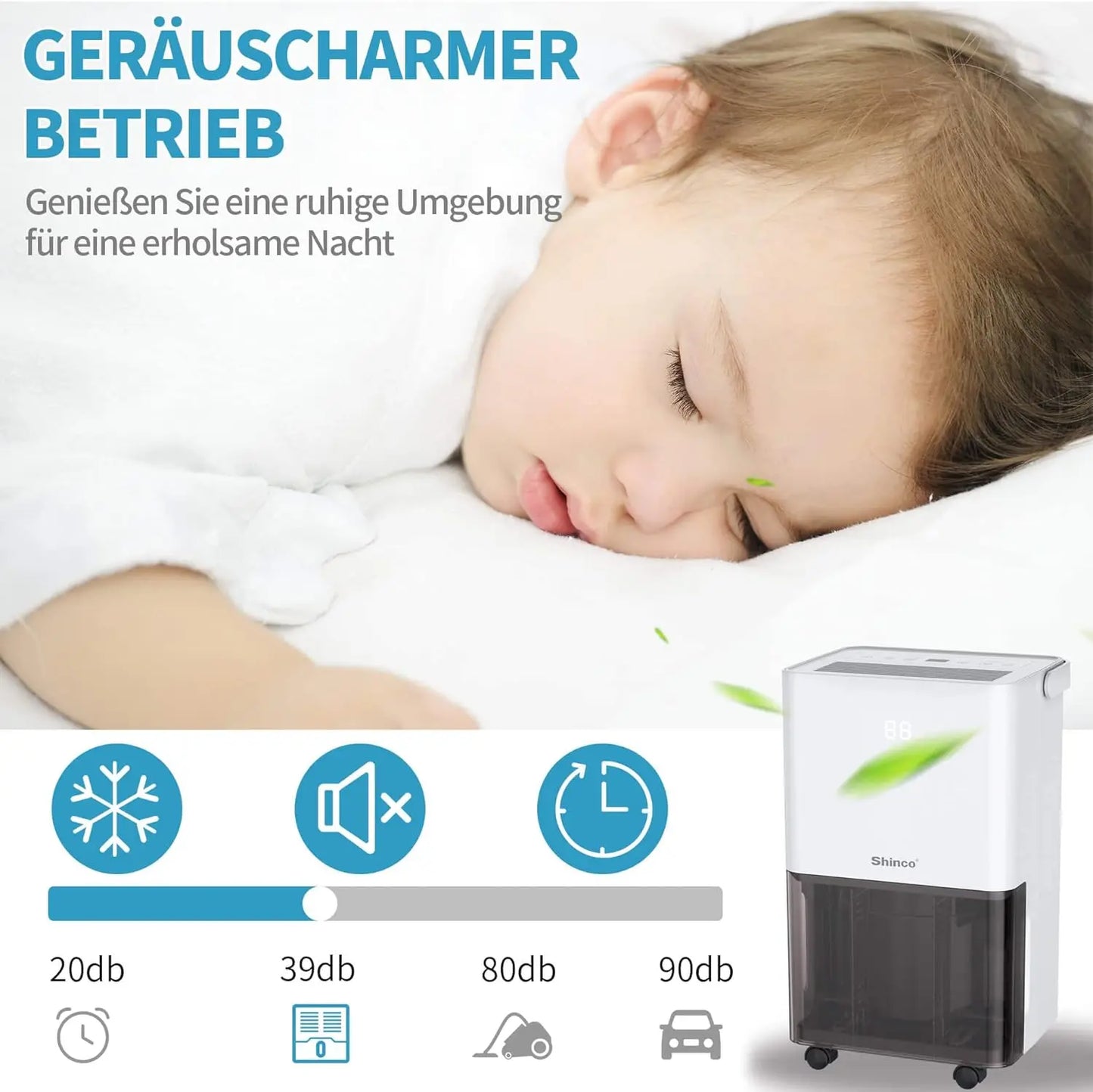 SHINCO Electric Dehumidifier, 10 L, Room Dehumidifier with Moisture Sensor, for 45 m³ (15 m²), Energy Saving, Drain Hose.