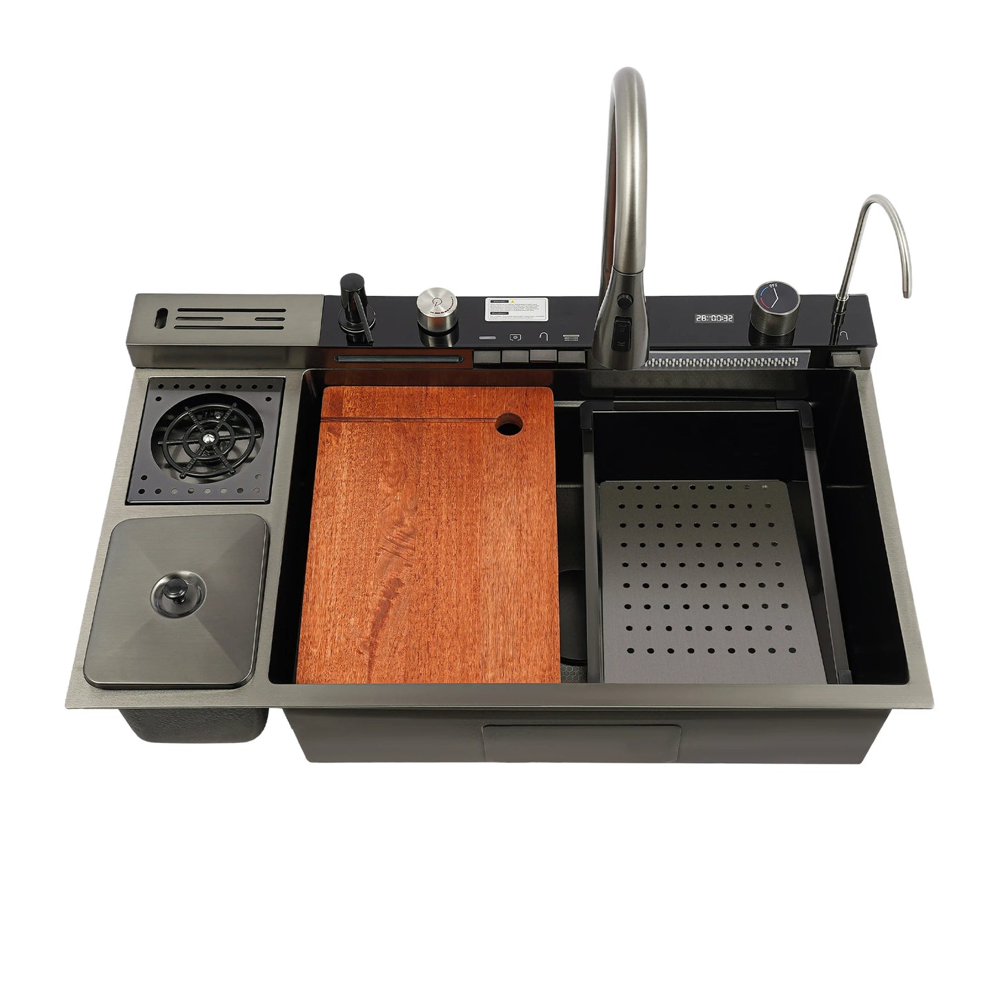 Edelstahl-Küchenspüle mit Abtropfkorb, ausziehbarer Wasserhahn, Schneidebrett, Tassenwascher, Digitalanzeige, 82 x 48 x 23 cm