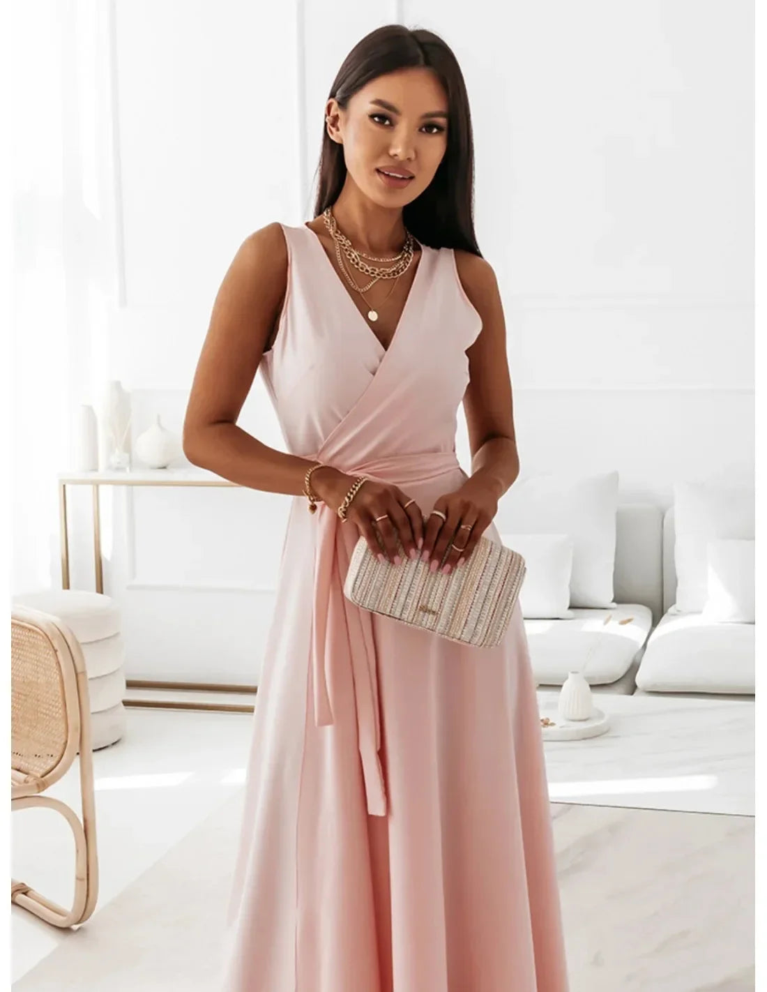 Frühling Sommer Neue Stil frauen Lange V-ausschnitt Kleid Reine Farbe Maxi Kleid Ärmelloses Empire-Taille Kleid für Damen Modische