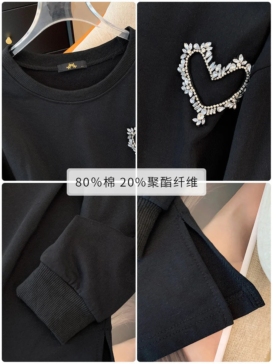 150 kg Übergröße Damen Büste 155 Frühling Herbst Lose Sweatshirt mit hellem Diamantherz Schwarz 5XL 6XL 7XL 8XL 9XL