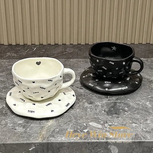240ml Irregular Ceramic Coffee Cup and Saucer High Appearance Level Afternoon Teacup Office Home Milk Cup Water Cups for Couples.
