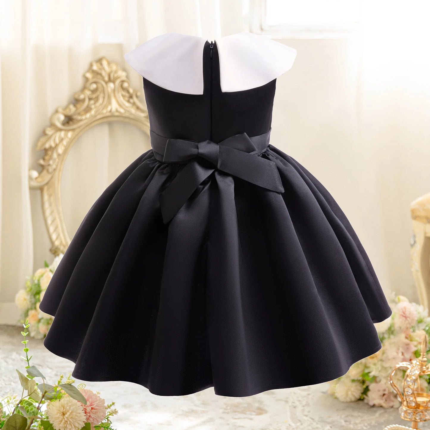 Kinder Kleider für Mädchen Vintage Schwarz Satin Prinzessin Kleid für Kinder Konzert Performance Hochzeit Geburtstag Zeremonie Abendkleid