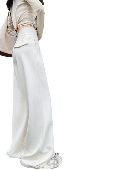 Graue Sporthose für Damen mit hoher Taille und lockerem, schlankem, geradem Bein und weitem Bein. Amerikanische Jogginghose..