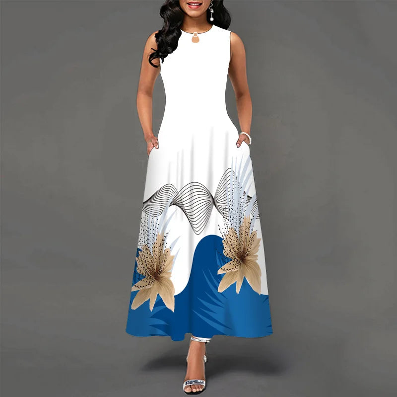 Blumendruck Neues lässiges ärmelloses langes Kleid Damen V-Ausschnitt bedrucktes Kleid Swing Bohemian Retro Kleider