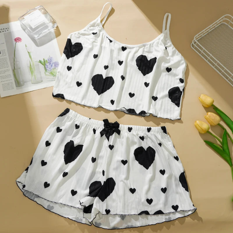 Damen-Pyjama-Set mit Herz-Print, süßes sexy Straps-Top, Shorts, lässiges Heim-Nachtwäsche-Set, bequeme Baumwoll-Loungewear