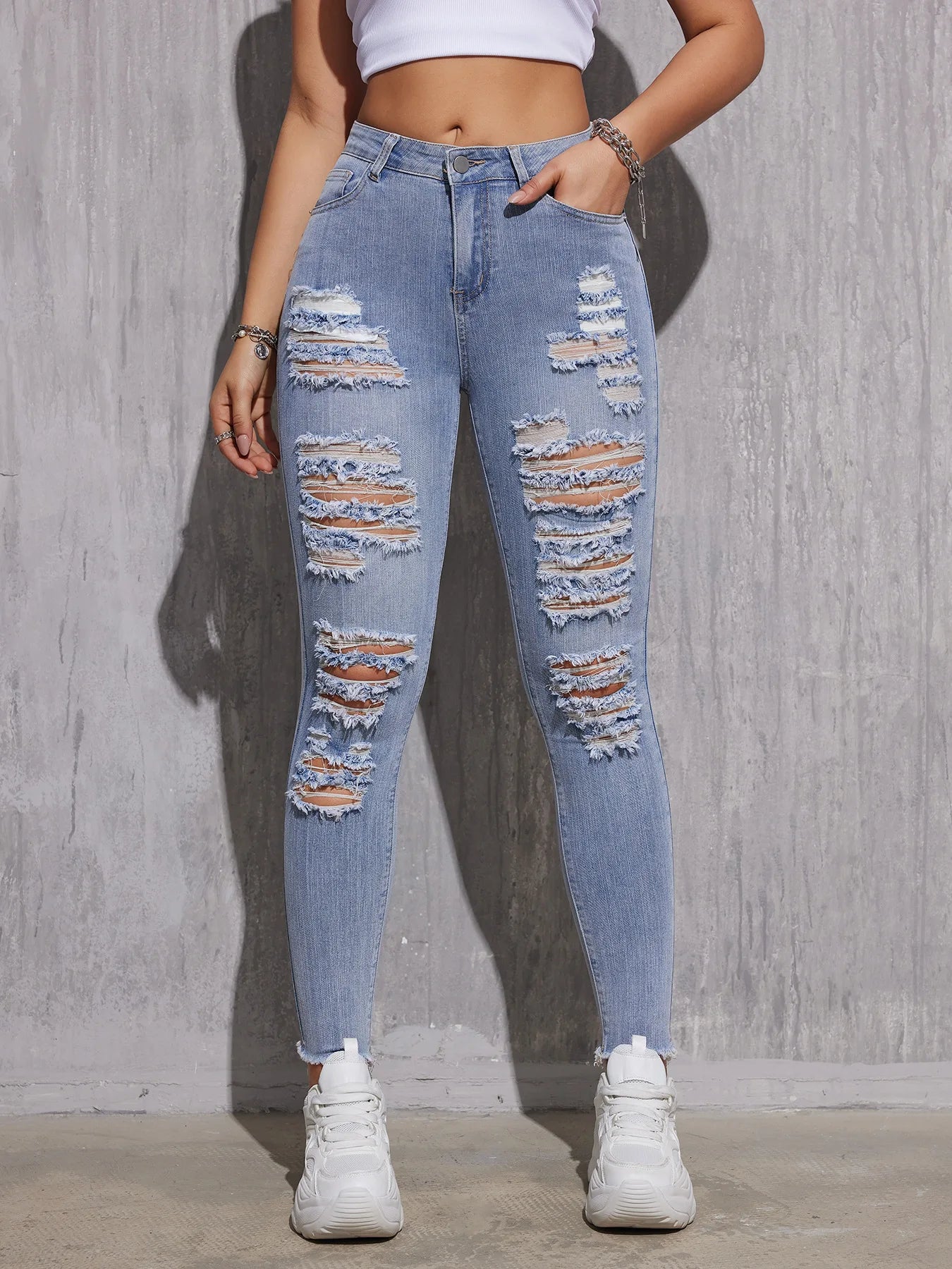 2025, Frühlings-Röhrenjeans mit hoher Taille für Damen – Stretch-zerrissene hellblaue Denim-Hose, knöchellange Slim-Fit-Freizeithose XS-XXL