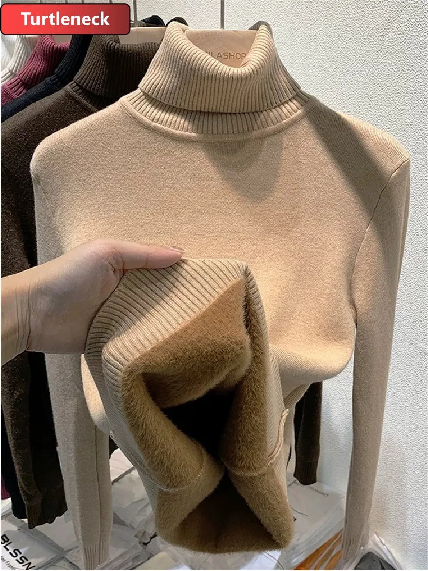 Pullover Für Frauen Winter Verdicken Rollkragen Schlank Stricken Pullover Neue Warme Plüsch Samt Gefüttert Strickwaren Jumper Tops Casual Poleras
