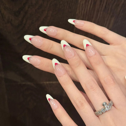 10pcs White Edge French Style Press On Nails Simple Red Love Heart Designs Handmade False Nails Sweet Almond Fake Nail For Girls.