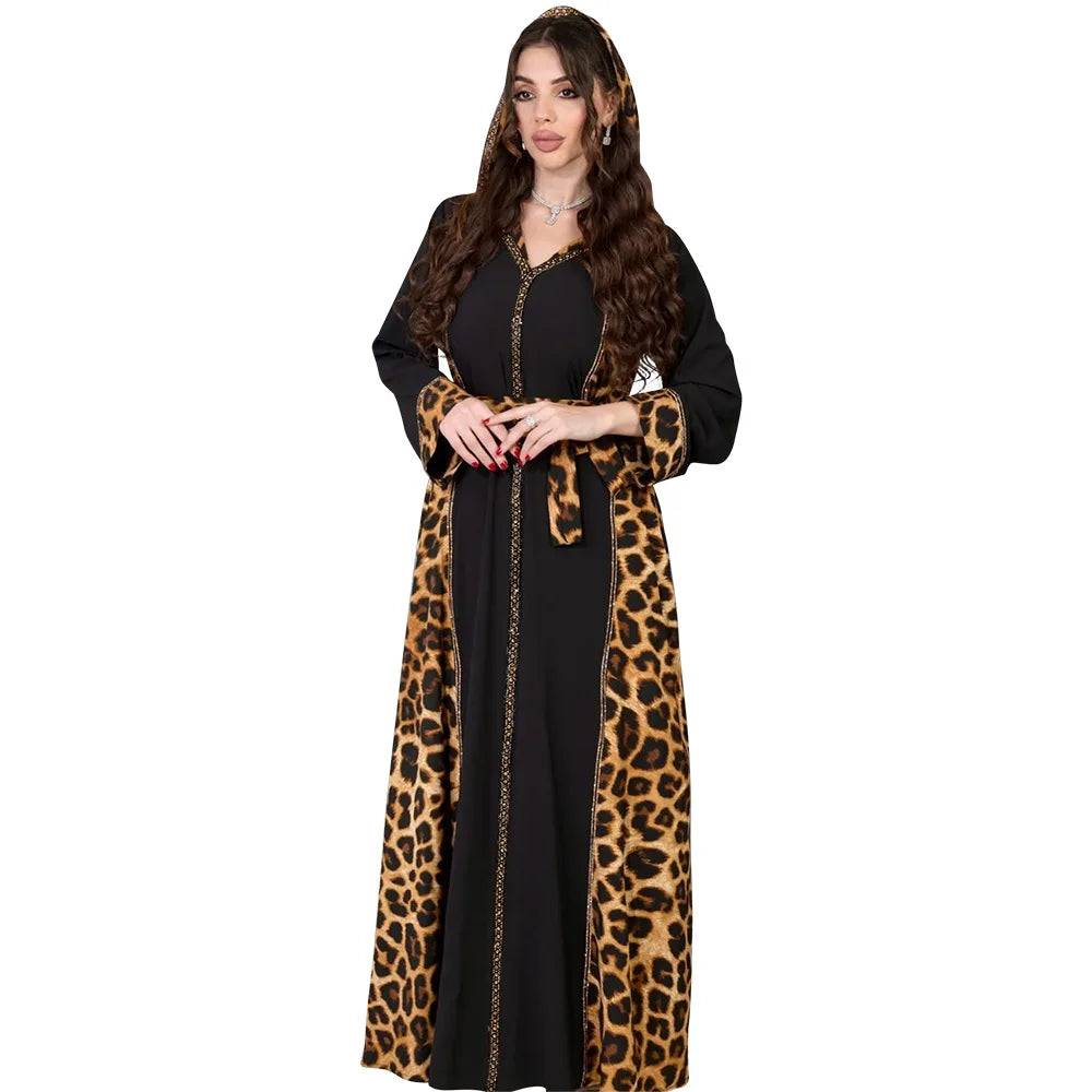 Elegantes arabisches Frauen-Partykleid, afrikanischer V-Ausschnitt, Leopardenmuster, langärmelig, Abaya, modische muslimische Dame, Urlaubskleid, islamische Kleidung