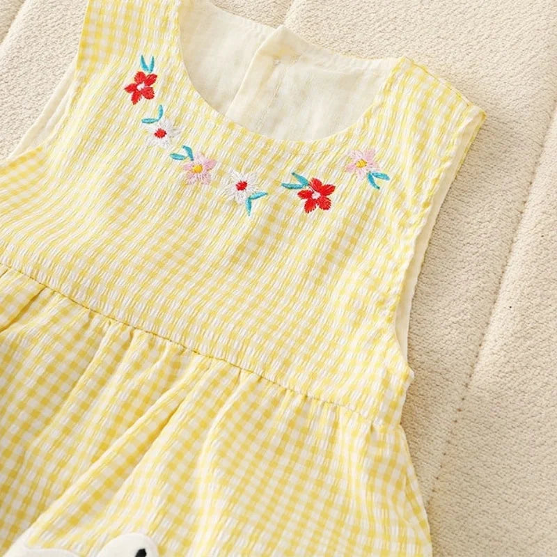0–2 Jahre Neugeborene Kinder, bezaubernder Baby-Mädchen-Strampler aus Baumwollgaze, gelb kariert, bezauberndes besticktes Enten-Design – weich und süß