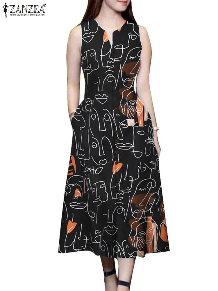 ZANZEA Elegante Damen-Midikleider, Sommer, ärmellos, Party-Sommerkleid, stilvoll, V-Ausschnitt, Urlaub, Arbeit, Vestidos, bedruckt, A-Linien-Kleid