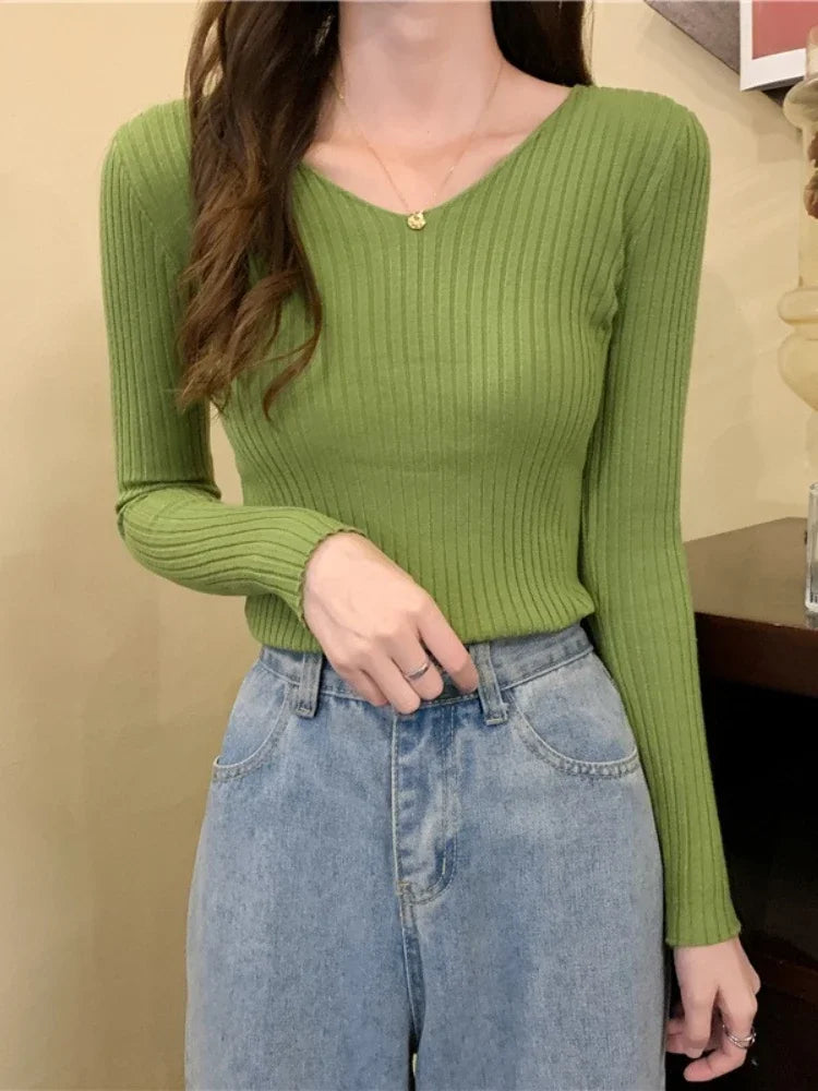 2025 einfarbig Schlank Pullover Koreanische Herbst Winter V-ausschnitt Pullover Mode Lässig Langarm Gestrickte Pullover Frauen Kleidung
