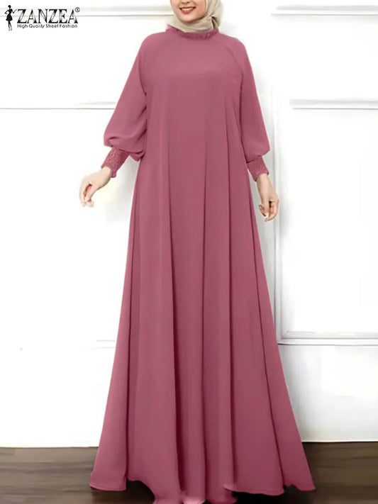 ZANZEA Islamic Hijab Elegant Vestidos Muslim Fashion Shirring Cuff Women Long Sleeve Maxi Dress Solid Ruffled O Neck Abaya Robes.