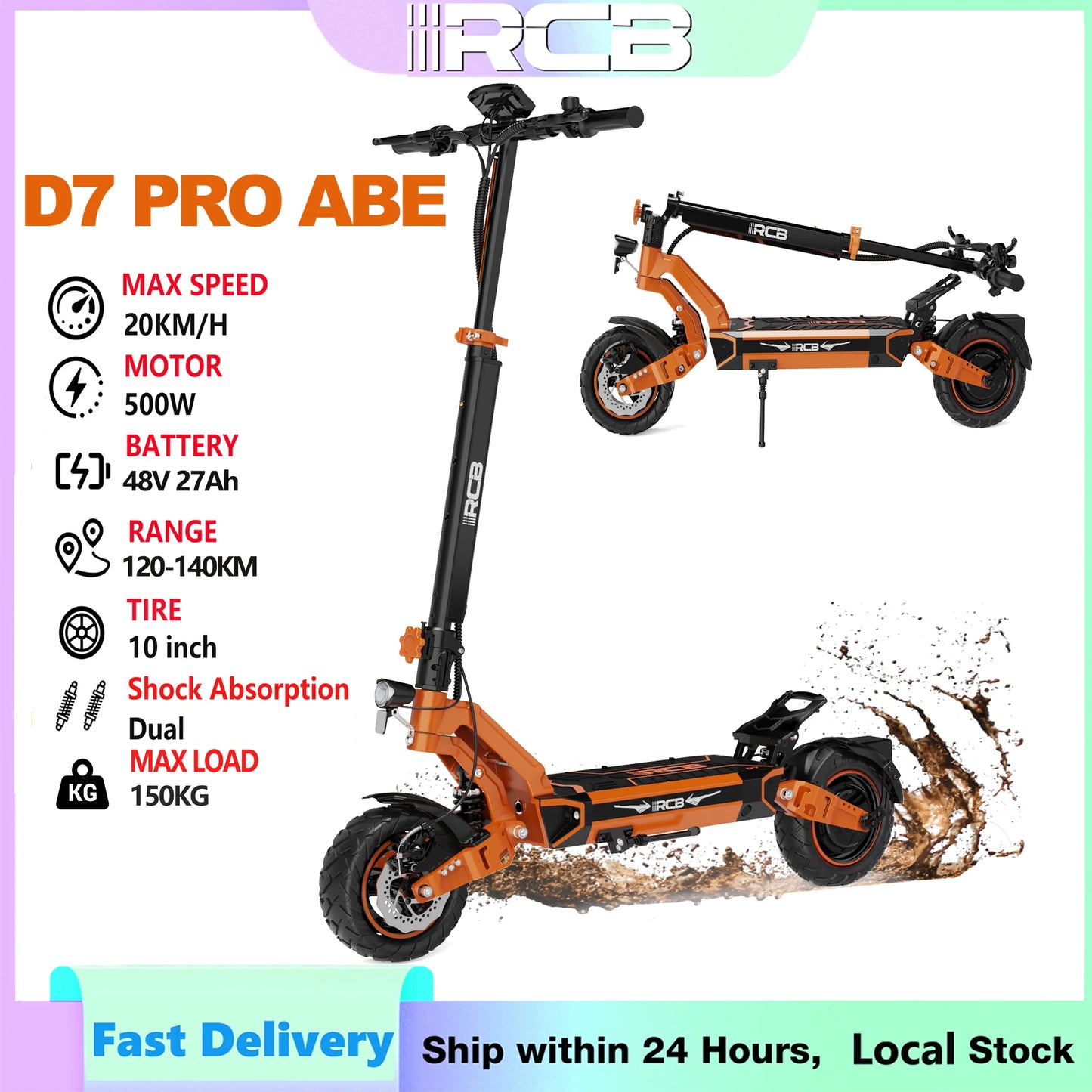 RCB Electric Scooter Adult, D7 ABE,100km Range, 20km/h, 148kg Load - 10" Vacuum Tire, Dual Disc Brake, Waterproof 3-Speed Modes.